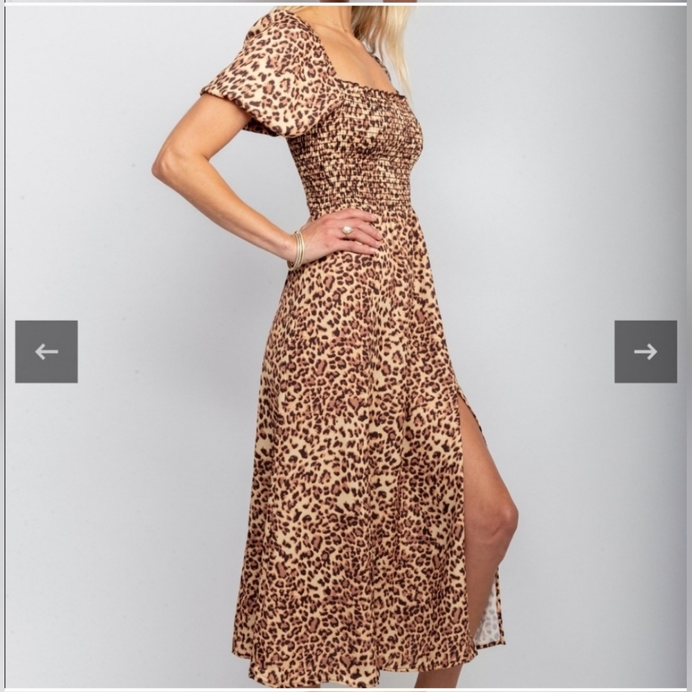 RESA Brown and Cream Midi Dress with Puff Sleeves and Slit